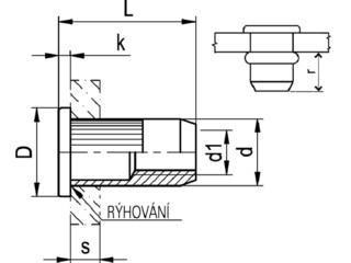 Nýtovací matice otevřená s plochou hlavou a rýhovaným tělem